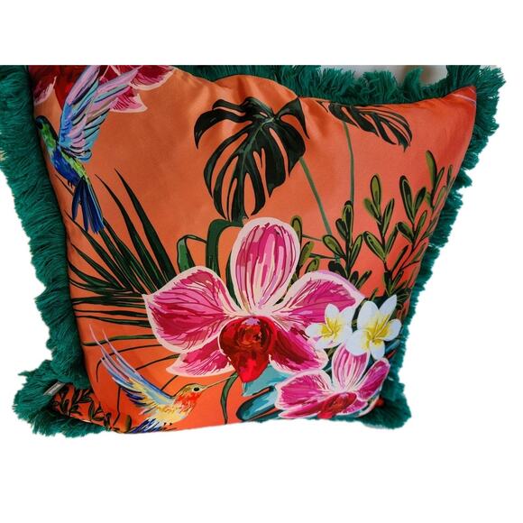 Teal Orange Pink Decorative Throw Pillow 18X18 Tropical Floral Hummingbird - Picture 4 of 7